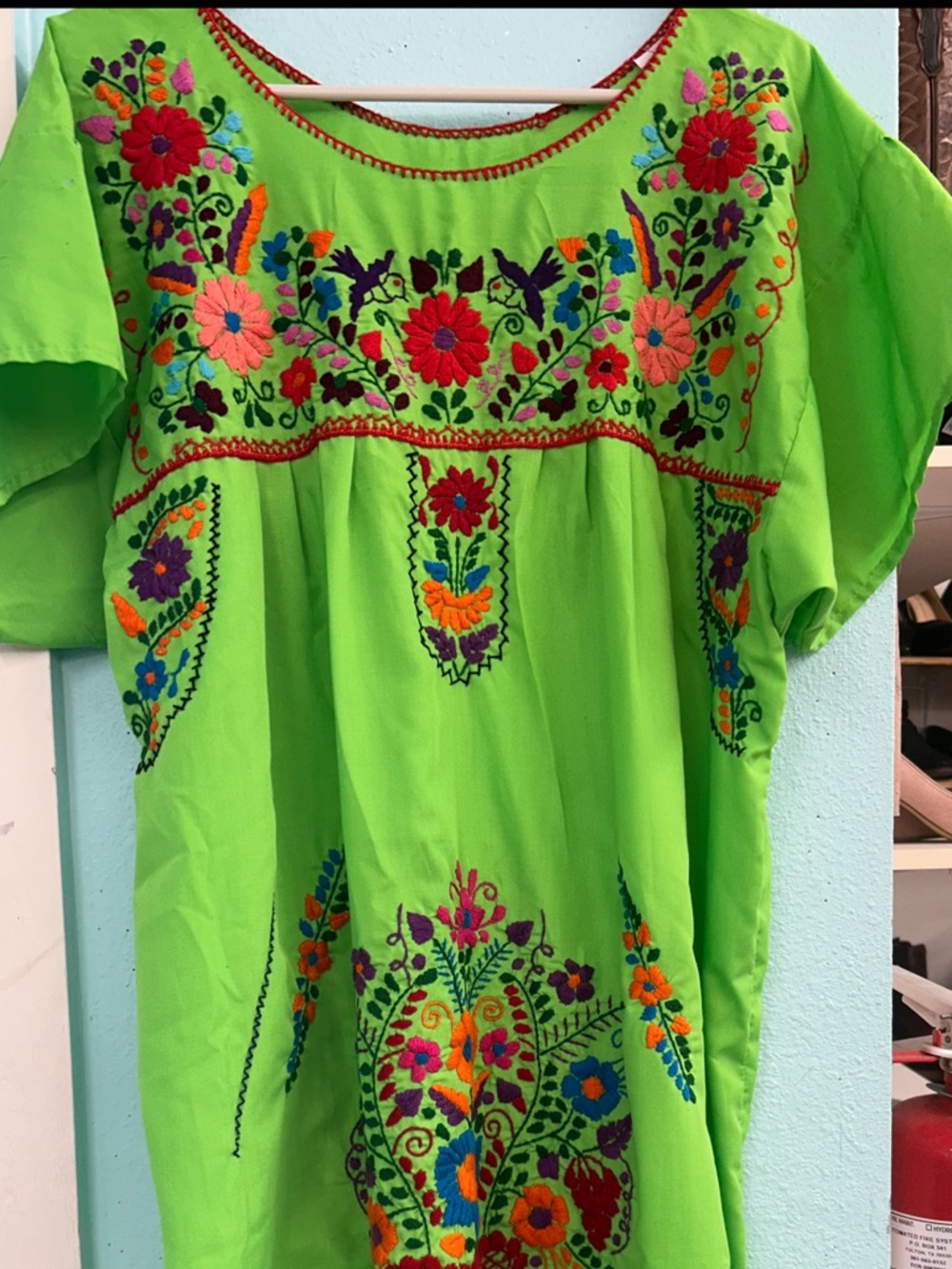Lime Green Embroidered Mexican Peasant Dress